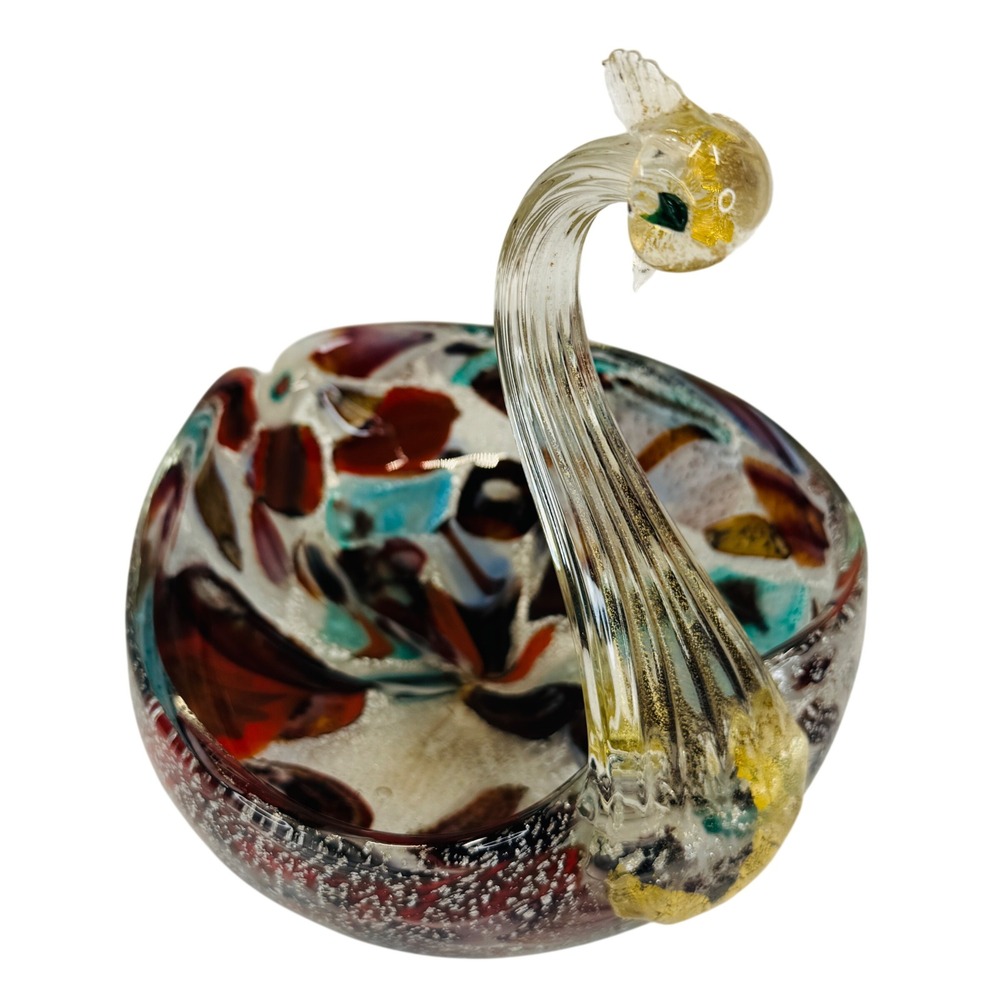 Murano Style Art Glass Swan Heart Bowl Gold Aventurine Confetti Vtg Dish Luxury